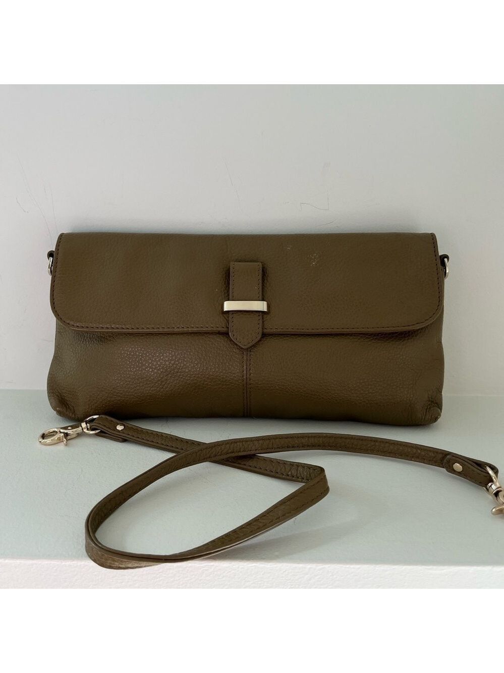 ZENITH Pebbled Leather Olive Green Shoulder Bag Convert to Clutch Office Travel